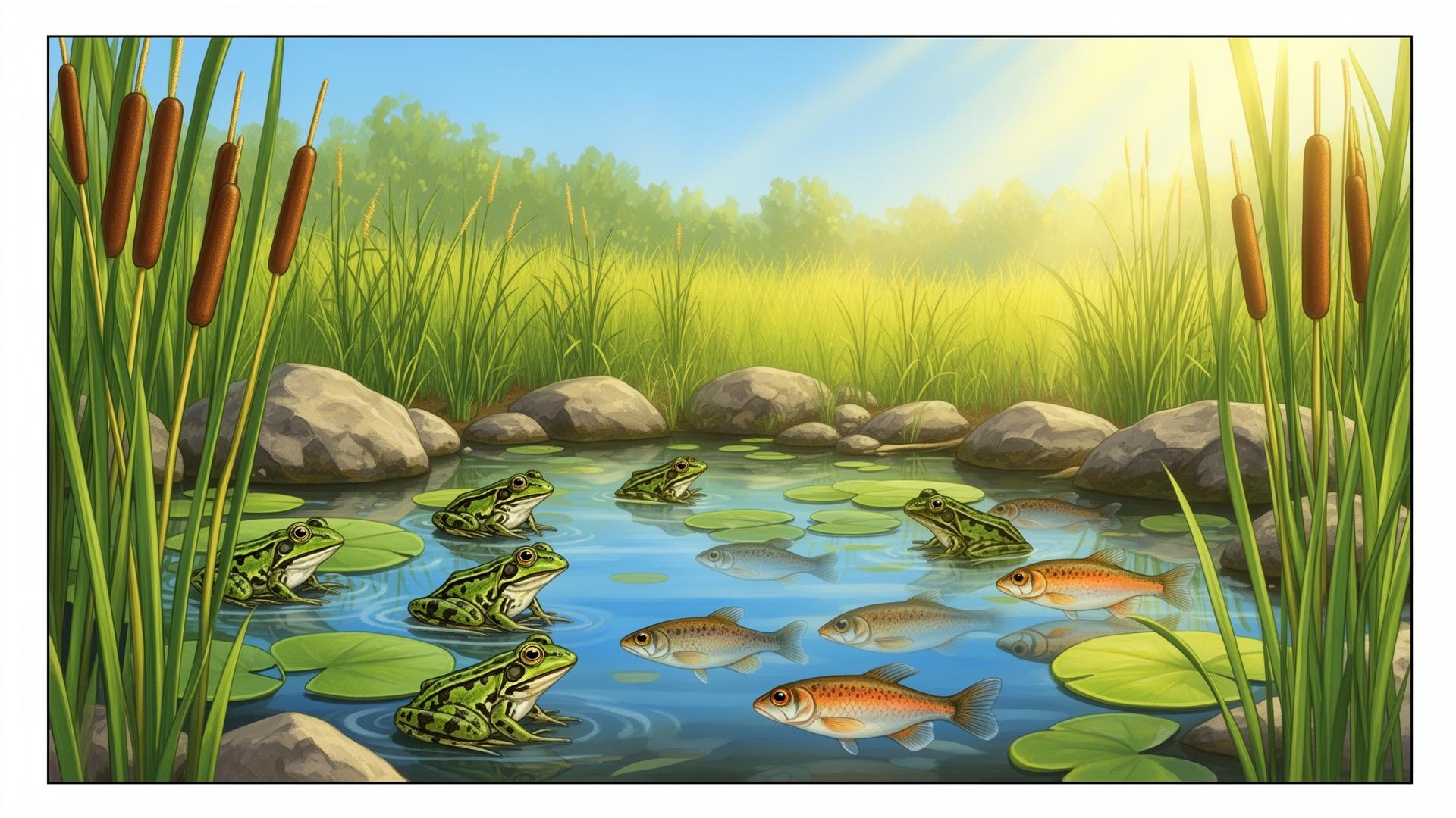 Pond habitat with frogs, fish, cattails, and rocks