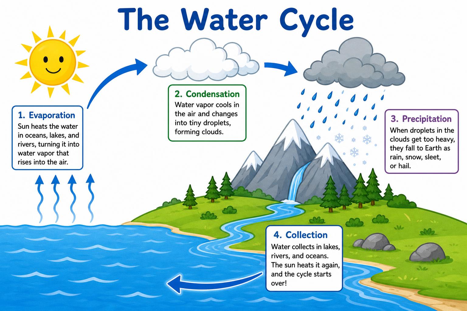 Water cycle diagram showing evaporation, condensation, precipitation, and collection